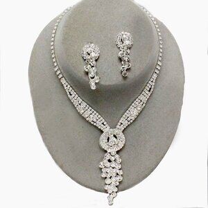Clear Crystal Rhinestone Necklace Set Prom Formal Bridal Wedding Silver Rhodium